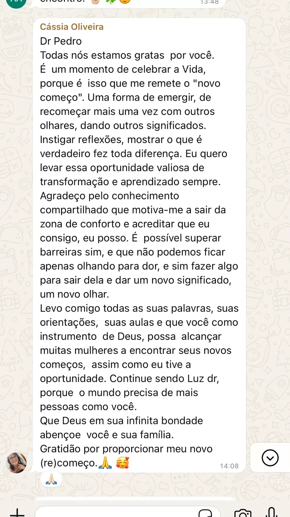 Mensagem original de Cássia, participante da comunidade