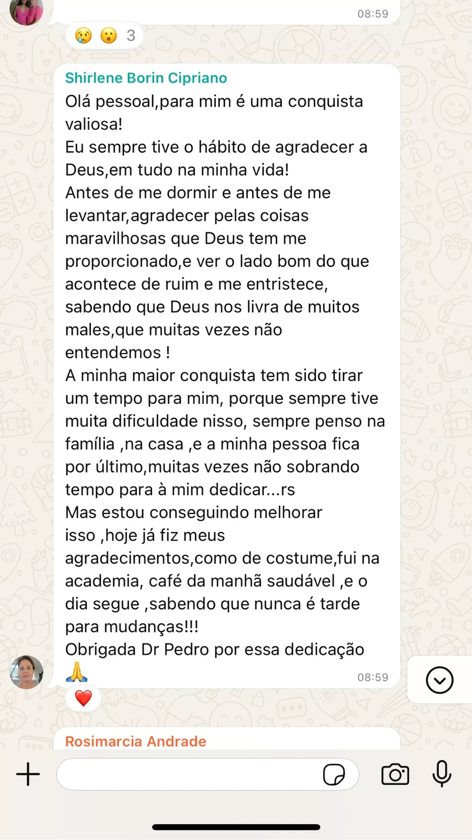 Mensagem original de Shirlene, participante da comunidade
